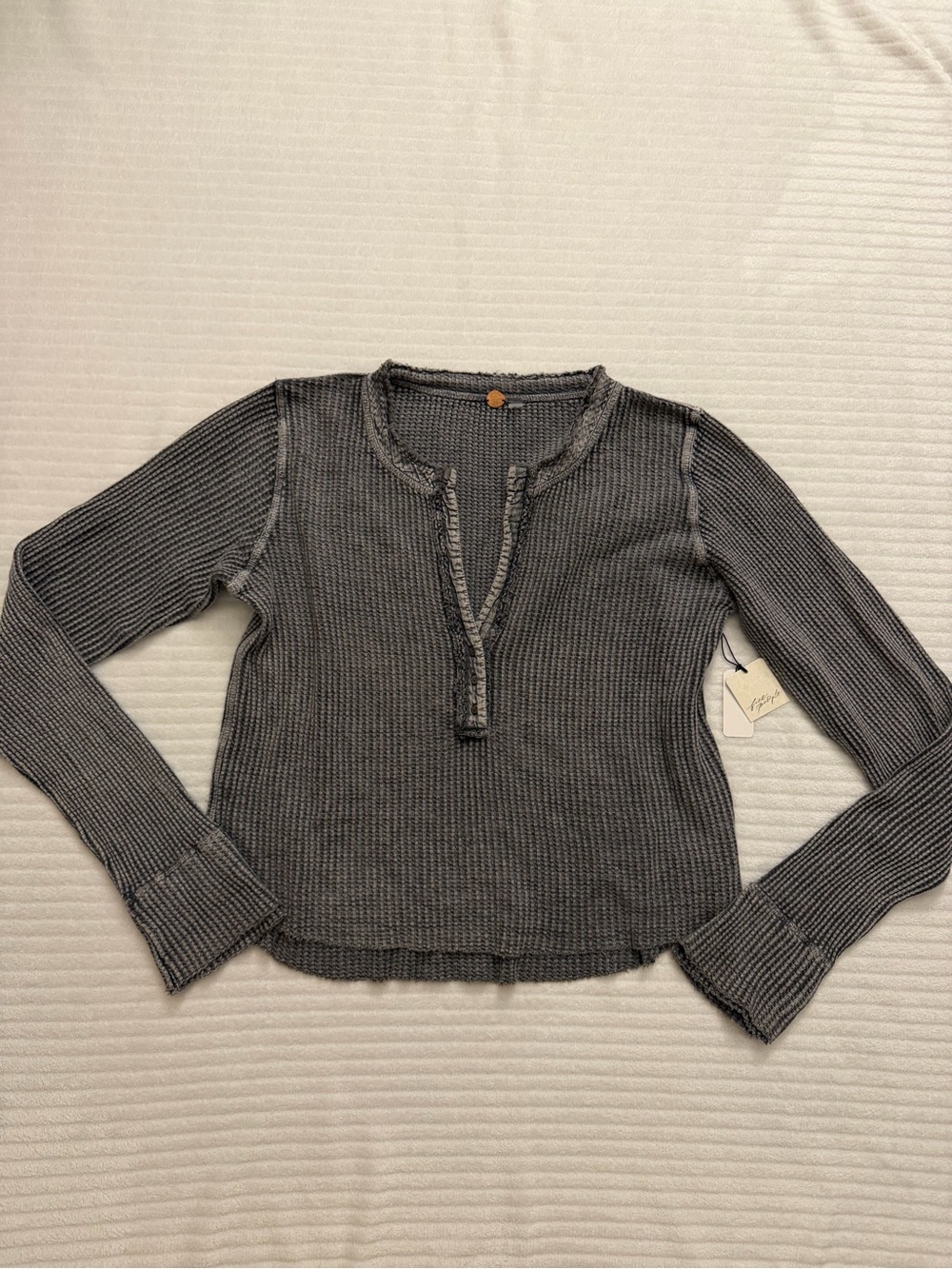 Nwt Free People Charcoal Ribbed Long Sleeve Henley Top